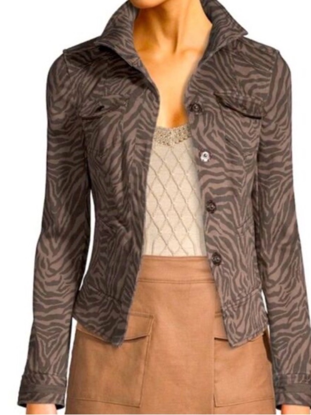 White House Black Market 00 Zebra-Print Jean Denim Jacket Espresso Brown